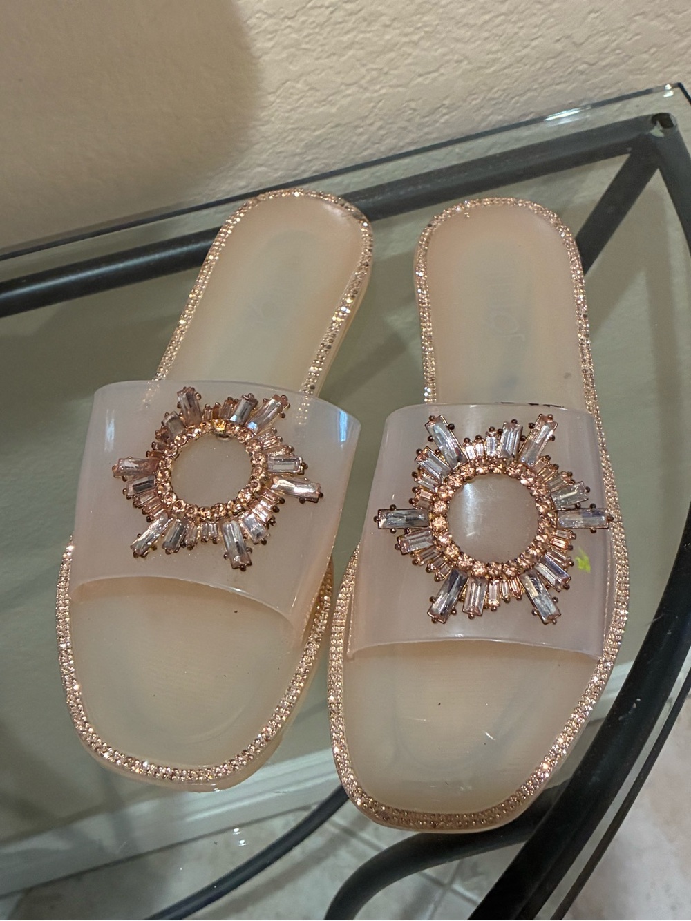 Rouge Rose Gold Embellished Clear Slide Sandals